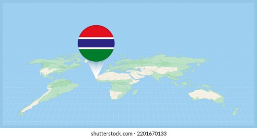 Location of Gambia on the world map, marked with Gambia flag pin. Cartographic vector illustration.