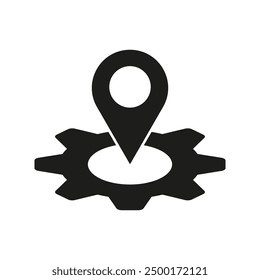 Location gear icon. Pin and cogwheel. Black vector symbol. Map marker illustration.