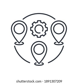 Location and gear icons. Relocation process. Vector linear icon isolated on white background.