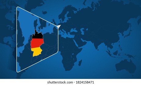 Standort Deutschland auf der Weltkarte mit erweiterter Karte Deutschlands mit Flagge. Geografische Vektorvorlage für Ihr Design.