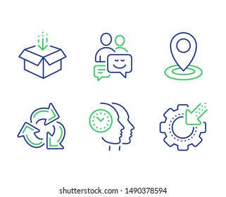 Location, Get box and Communication line icons set. Time management, Recycle and Seo gear signs. Map pointer, Send package, Business messages. Teamwork clock. Technology set. Vector