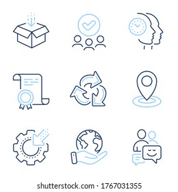 Location, Get box and Communication line icons set. Diploma certificate, save planet, group of people. Time management, Recycle and Seo gear signs. Map pointer, Send package, Business messages. Vector