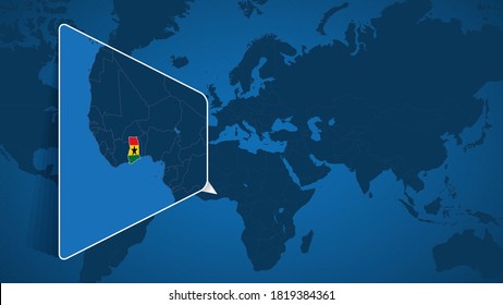 Lage von Ghana auf der Weltkarte mit erweiterter Karte von Ghana mit Flagge. Geografische Vektorvorlage für Ihr Design.