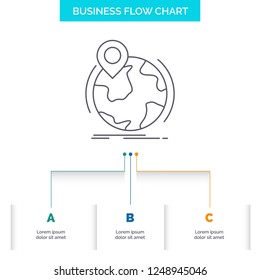 location, globe, worldwide, pin, marker Business Flow Chart Design with 3 Steps. Line Icon For Presentation Background Template Place for text