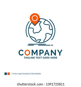 location, globe, worldwide, pin, marker Logo Design. Blue and Orange Brand Name Design. Place for Tagline. Business Logo template.