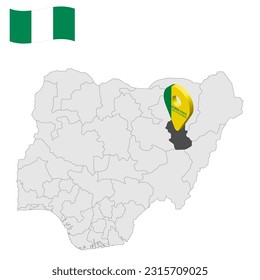 Location Gombe State on map Nigeria. 3d Gombe location sign. Flag of Nigeria. Quality map with  States of Nigeria for your web site design, logo, app, UI. Stock vector. EPS10.
