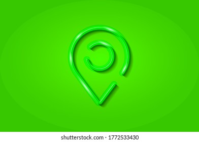 Location, gps map pointer glowing 3D symbol, card template. Realistic vector illustration. Green background.