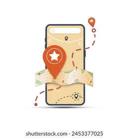 Location with GPS map. Smartphone with pin marker on paper map of city with parks, roads and small pins of another goals. Vector illustration on white background