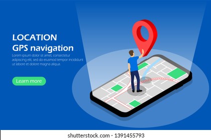 Location. GPS navigation. Character on the phone. Isometric.