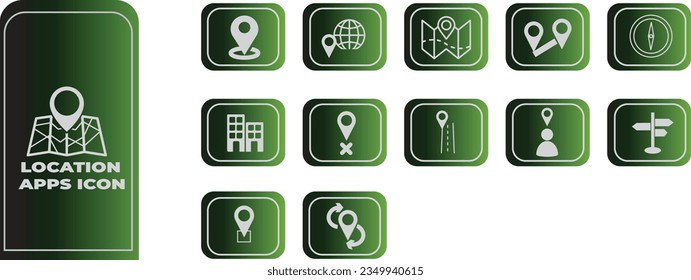 Location gradient icon set. Containing map, map pin, gps, destination, directions, distance, place, navigation and address icons. Solid  dark green gradient icons vector collection.