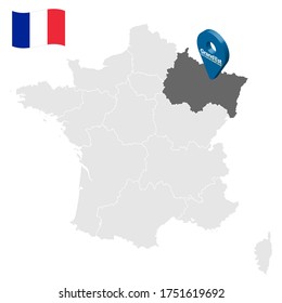 Location of Grand Est on map France. 3d location sign similar to the flag of Grand Est. Quality map  with regions of  French Republic for your design. EPS10.