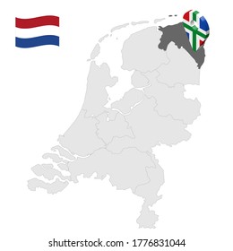 Location of Groningen  on map Netherlands. 3d location sign similar to the flag of Groningen. Quality map  with  provinces of  Netherlands for your design. EPS10.