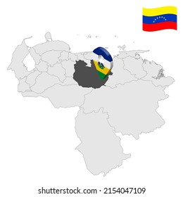 Ubicación Estado Guarico en el mapa de Venezuela. 3d signo de ubicación similar a la bandera de Guarico. Mapa de calidad con Regiones de Venezuela para su diseño. EPS10