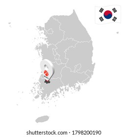 Location of Gwangju city on map South Korea. 3d location sign of Gwangju. Quality map with  provinces of  South Korea for your design. EPS10.