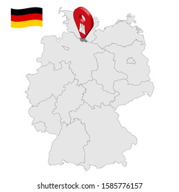 Location of Hamburg on map Federal Republic of Germany. 3d Hamburg location sign similar to the flag of Free and Hanseatic city of Hamburg. Map of Germany with regions. EPS10.