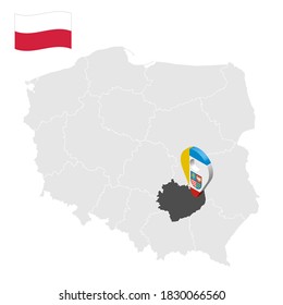Location of  Holy Cross Province on map Poland. 3d location sign similar to the flag of Holy Cross. Quality map  with  provinces of  Poland for your design. EPS10.