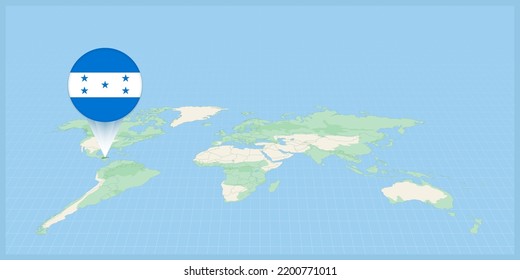 Ubicación de Honduras en el mapa del mundo, marcado con la bandera de Honduras. Ilustración vectorial cartográfica.