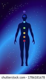 location of the human chakras in silhouette against the background of space