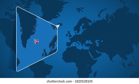 Location of Iceland on the World Map with Enlarged Map of Iceland with Flag. Geographical Vector Template for your design.