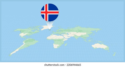 Ubicación de Islandia en el mapa del mundo, marcado con la bandera de Islandia. Ilustración vectorial cartográfica.