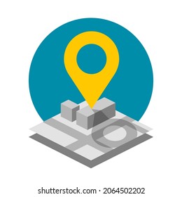 Icono de ubicación en estilo isométrico 3D - marca de pin y paisaje de dibujos animados. emblema vectorial aislado