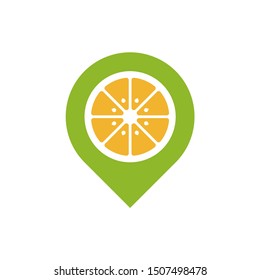 Location icon with abstract lemon or orange fruit. Location markers for juice, drink and lemonade shop icon vector template 
