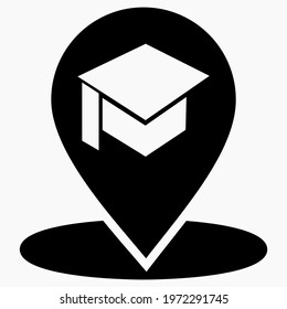 Location icon and academic cap. GPS  University. Geotag of the educational institution. Institute icon. Vector icon. 
