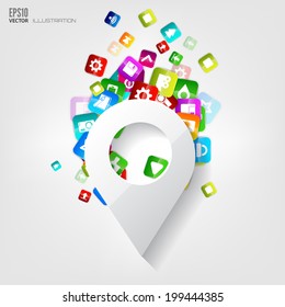 Location icon. Application button.Social media.Cloud computing.