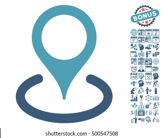 Location icon with bonus calendar and time service pictures. Vector illustration style is flat iconic symbols, cyan and blue colors, white background.