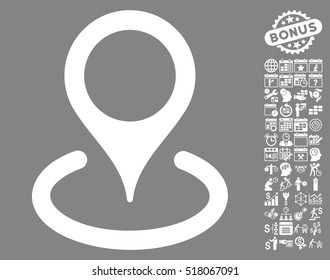 Location icon with bonus calendar and time service pictures. Vector illustration style is flat iconic symbols, white color, gray background.