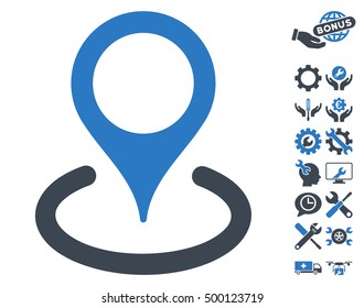 Location icon with bonus options symbols. Vector illustration style is flat iconic symbols, smooth blue colors, white background.