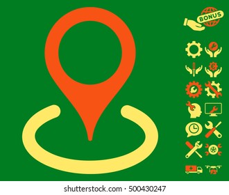 Location icon with bonus service pictograph collection. Vector illustration style is flat iconic symbols, orange and yellow colors, green background.