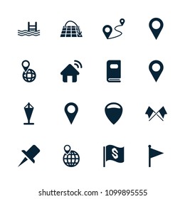 Location icon. collection of 16 location filled icons such as pool, pin on globe, distance, photo album, flag, house signal. editable location icons for web and mobile.