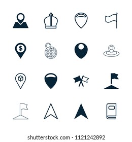 Location icon. collection of 16 location filled and outline icons such as navigation arrow, flag, photo album, crown. editable location icons for web and mobile.