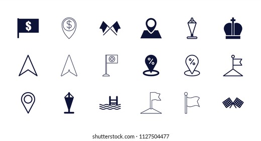 Location icon. collection of 18 location filled and outline icons such as flag with dollar, pool, flag, crown, navigation arrow. editable location icons for web and mobile.