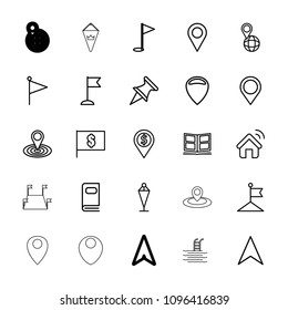 Location icon. collection of 25 location outline icons such as flag, flag with dollar, navigation arrow, pin on globe, pin. editable location icons for web and mobile.