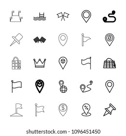 Location icon. collection of 25 location outline icons such as pool, pin on globe, distance, flag, pin, move on map, finish flag. editable location icons for web and mobile.