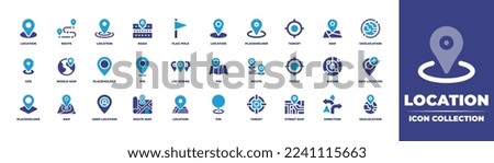 Location icon collection. Duotone color. Vector illustration. Containing location, icon, route, road, flag, pole, placeholder, target, map, geolocation, gps, world, pin, locations, radar, add, user.