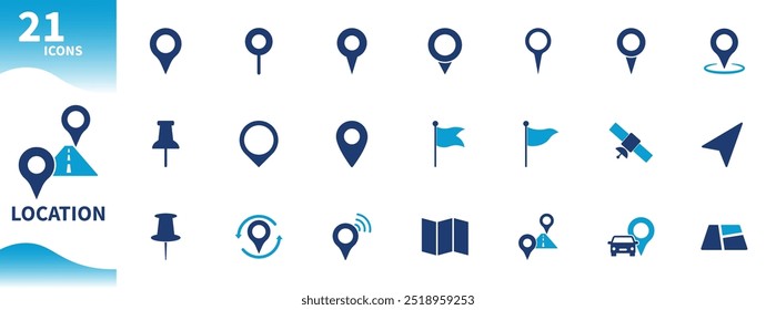 Location icon. Collection of icons for map, pin, locator, location sharing, flag. Solid vector icons.