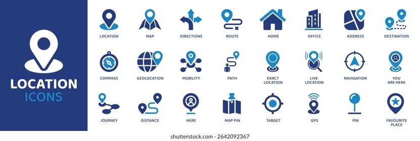 Location - Icon Collection. Thin Line Set contains such Icons as Map, GPS, Pin, Marker, Compass, Direction, Address and more. Simple web icons set.