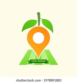 Location icon decorated with leaves and stick as a gimmick of local produce. Vector illustration outline flat design style.