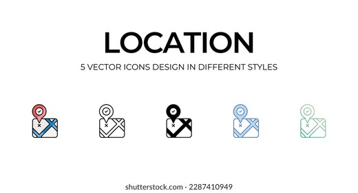 Location Icon Design in Five style with Editable Stroke. Line, Solid, Flat Line, Duo Tone Color, and Color Gradient Line. Suitable for Web Page, Mobile App, UI, UX and GUI design.