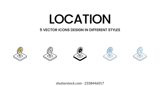 Diseño de iconos de ubicación en estilo Cinco con barra modificable. Línea, Sólido, Línea plana, Color de tono Duo y Línea de degradado de color. Adecuado para diseño de páginas Web, aplicaciones móviles, UI, UX y GUI.
