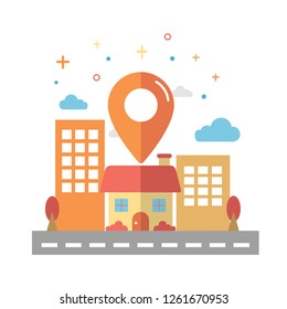 Location icon design vector. Pin sign on house and building with cloud, road and trees. Icon website, application and printing. flat style vector illustrator. eps 10. choose location concept.