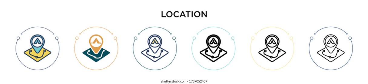 Location icon in filled, thin line, outline and stroke style. Vector illustration of two colored and black location vector icons designs can be used for mobile, ui, web