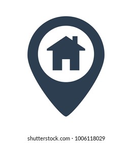 Location icon flat with house on white background. Vector illustration