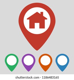 Location icon flat with house on grey background. Vector illustration
