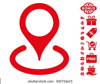 Location icon with free bonus symbols. Vector illustration style is flat iconic symbols, red color, white background.