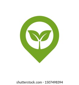 Location icon with green plant or leaves design vector template