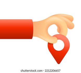 Location icon in hand - red glossy gps pin mark - isolated vector illustration in 3D style